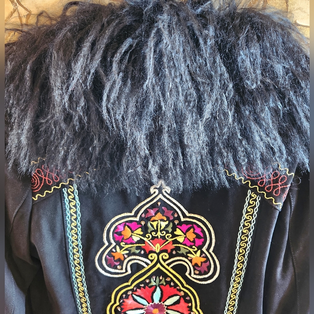 DOUBLE D RANCH Black Suede Embroidery Mongolian Lamb Fur Collar Cuffs Jacket NWT - Picture 12 of 16
